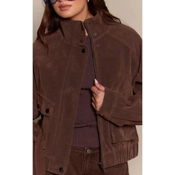 Chocolat Foncé Blouson Bomber Court En Synthétique Avec Col Montant Et Poches Utilitaires