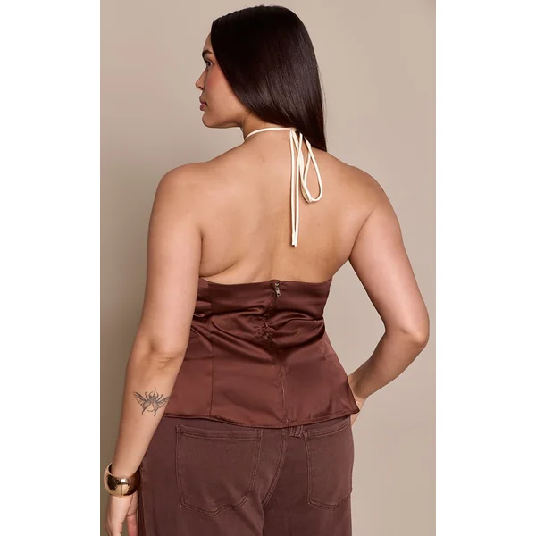 Chocolat Foncé Haut Dos-nu En Satin Avec Détails Contrastants Grande Taille
