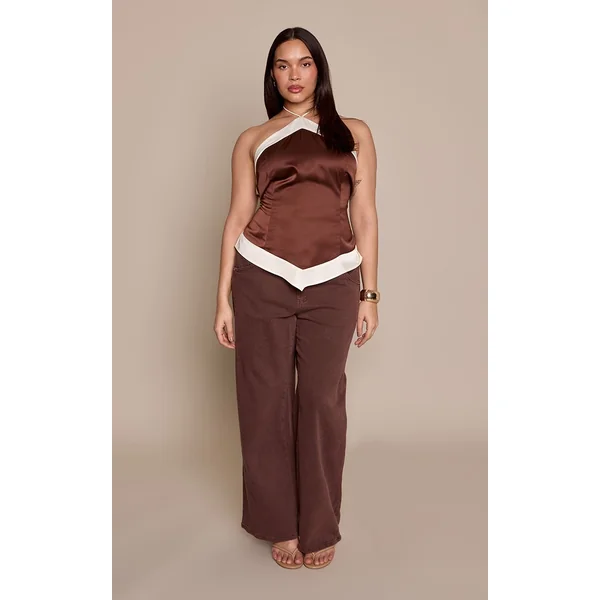 Chocolat Foncé Haut Dos-nu En Satin Avec Détails Contrastants Grande Taille