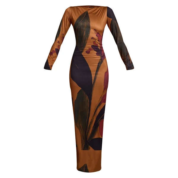 Chocolat Foncé Robe Longue Moulante À Manches Longues Et Imprimé Floral