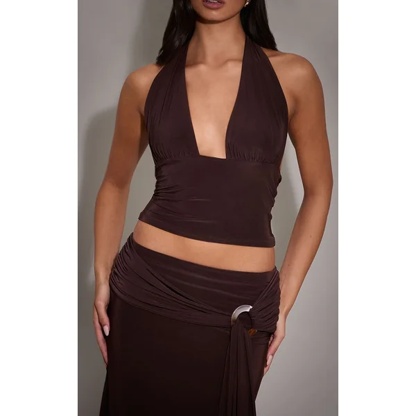 Chocolat Foncé Top Long Plongeant À Double Couche Satiné Avec Lien Au Cou