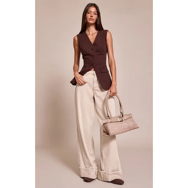 Chocolat Gilet Long En Jean Ajusté De Style Tailleur