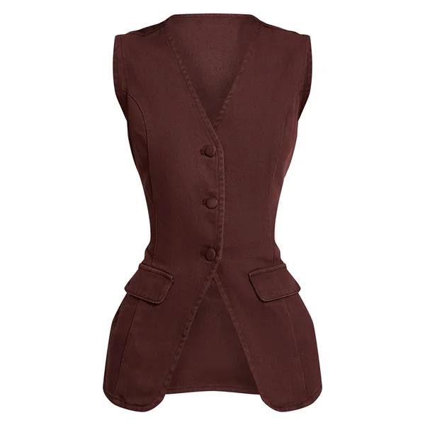 Chocolat Gilet Long En Jean Ajusté De Style Tailleur