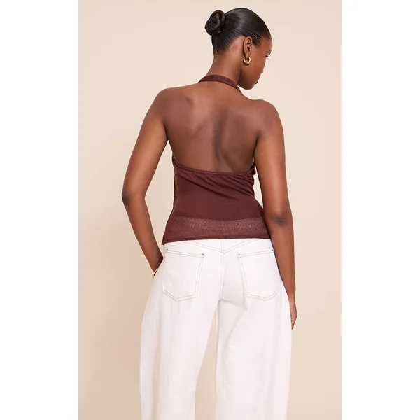 Chocolat Haut En Maille Col Licou Avec Détail Nœud Et Liseré