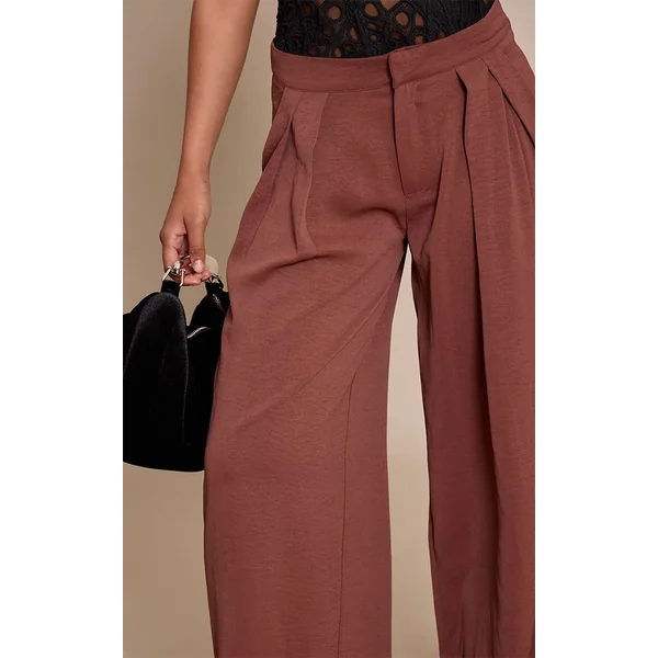 Chocolat Profond Pantalon Large À Double Pli En Tissu Fluide Petite