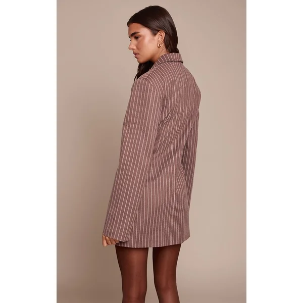 Chocolat Robe Blazer À Rayures Fines Et Manches Longues En Tissu Brossé