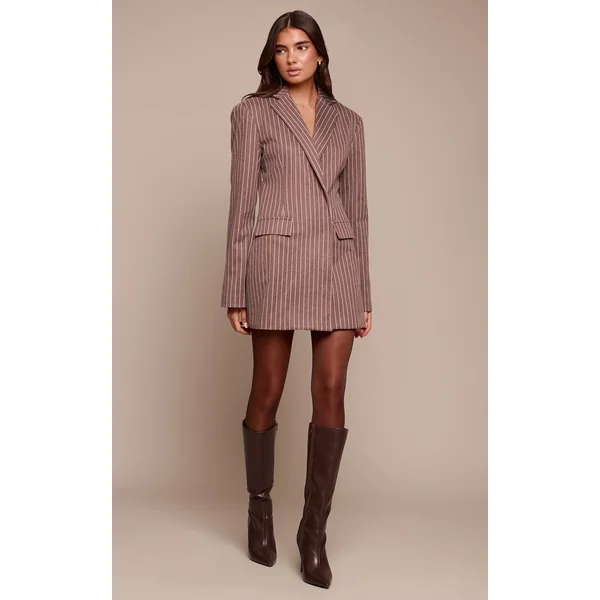 Chocolat Robe Blazer À Rayures Fines Et Manches Longues En Tissu Brossé