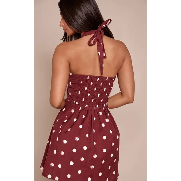 Chocolat Robe Courte Fluide Petite À Pois Avec Encolure Licou Et Boutonnage Aspect Lin
