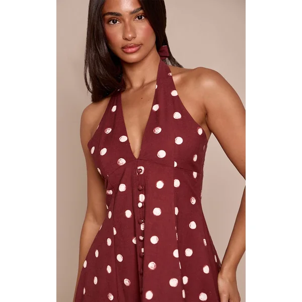 Chocolat Robe Courte Fluide Petite À Pois Avec Encolure Licou Et Boutonnage Aspect Lin