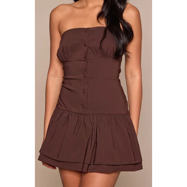 Chocolat Robe Droite Bustier En Tissu Stretch Avec Détail Boutons