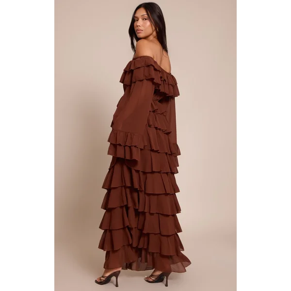 Chocolat Robe Longue En Mousseline À Épaules Dénudées Et Volants Extrêmes