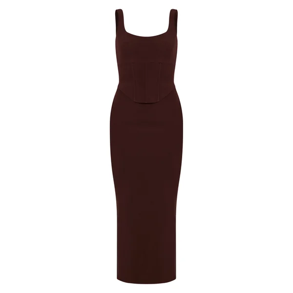 Chocolat Robe Longue En Tissu Tissé Avec Détail Corset