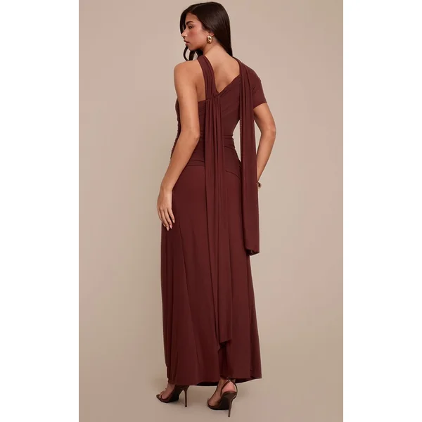 Chocolat Robe Longue Froncée À Détail Foulard En Mesh