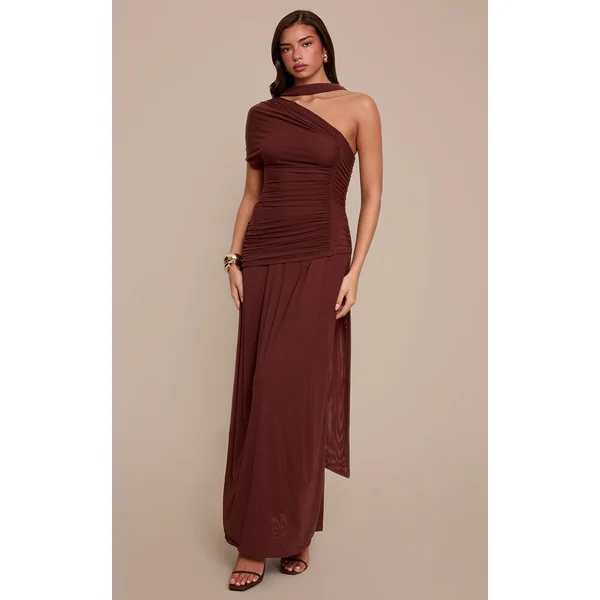 Chocolat Robe Longue Froncée À Détail Foulard En Mesh