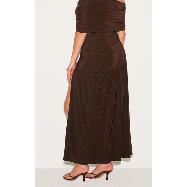 Chocolat Robe Longue Grande Taille À Double Couche Slinky Bardot Froncée