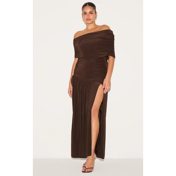 Chocolat Robe Longue Grande Taille À Double Couche Slinky Bardot Froncée