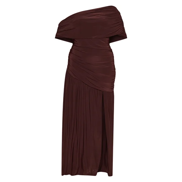 Chocolat Robe Longue Grande Taille À Double Couche Slinky Bardot Froncée
