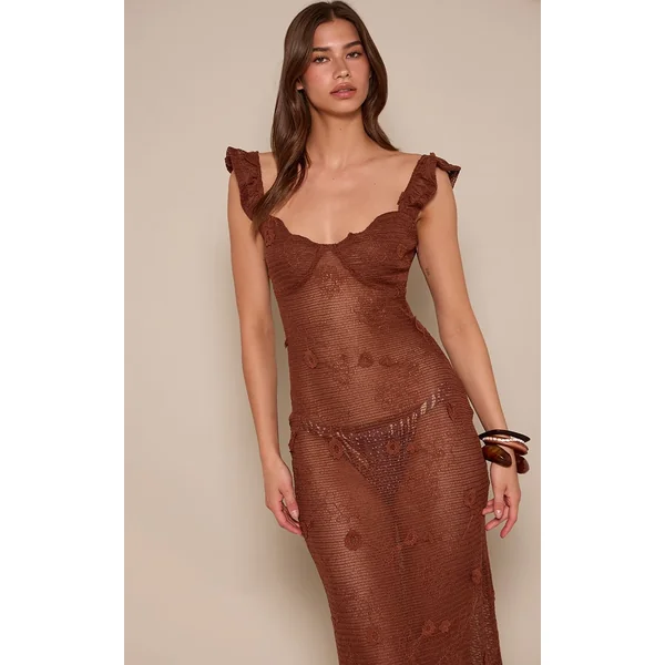 Chocolat Robe Longue Texturée À Bretelles À Volants