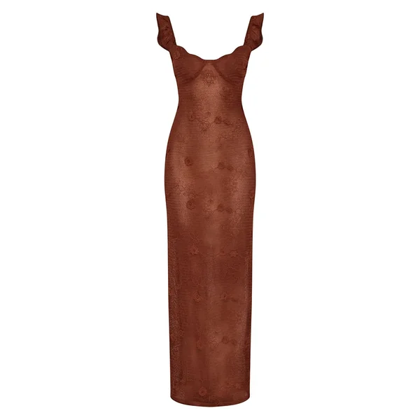 Chocolat Robe Longue Texturée À Bretelles À Volants