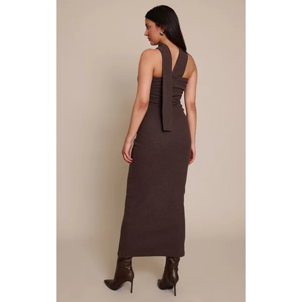 Chocolat Robe Maxi Bandeau Côtelée Brossée Avec Détail Foulard
