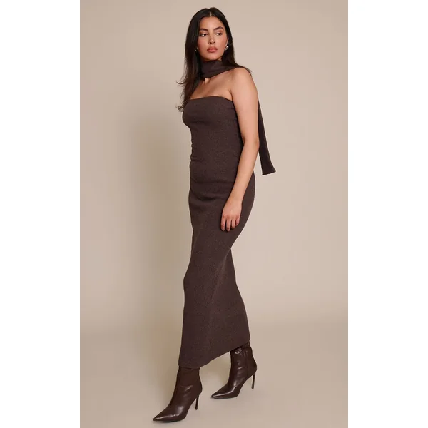 Chocolat Robe Maxi Bandeau Côtelée Brossée Avec Détail Foulard