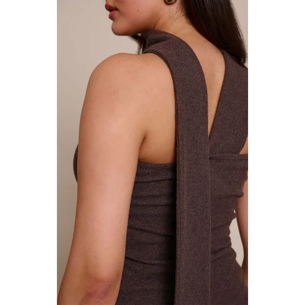 Chocolat Robe Maxi Bandeau Côtelée Brossée Avec Détail Foulard