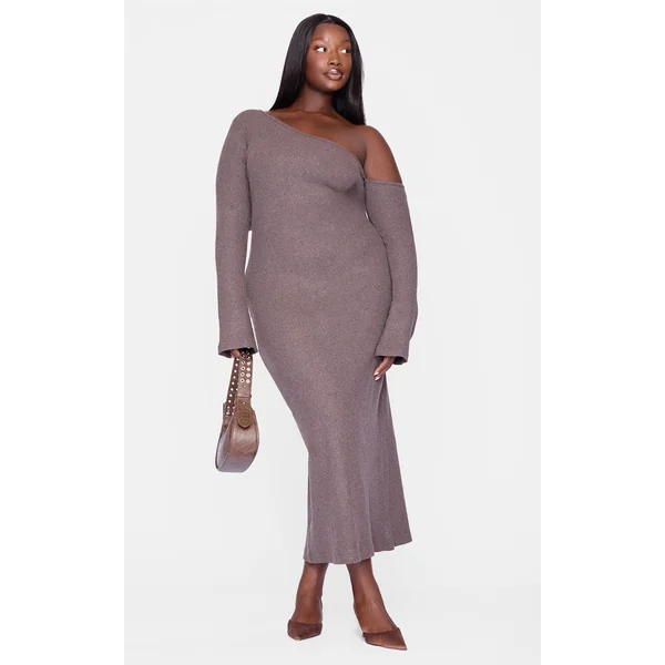 Chocolat Robe Maxi Grande Taille En Tissu Brossé Épais À Fronces Asymétriques