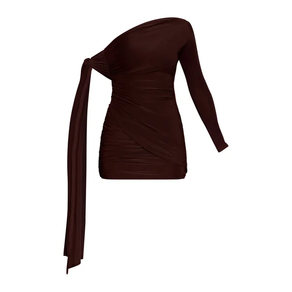 Chocolat Robe Mini Asymétrique À Une Épaule En Tissu Slinky Double Couche