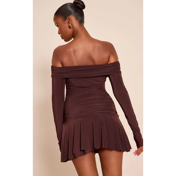 Chocolat Robe Mini Bardot À Manches Longues Double Épaisseur En Tissu Slinky