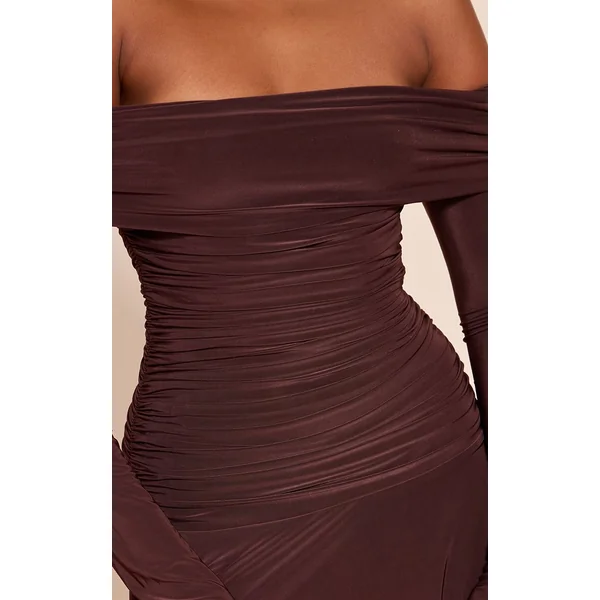 Chocolat Robe Mini Bardot À Manches Longues Double Épaisseur En Tissu Slinky