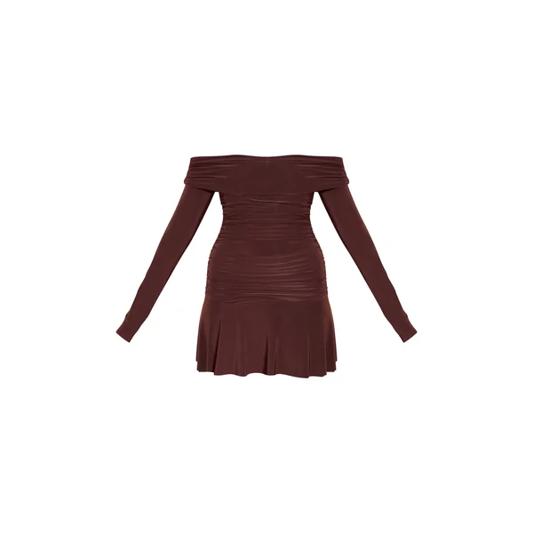 Chocolat Robe Mini Bardot À Manches Longues Double Épaisseur En Tissu Slinky