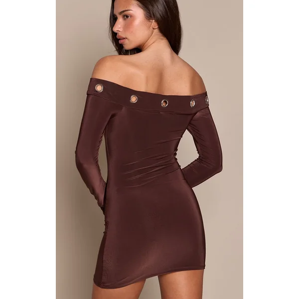 Chocolat Robe Mini Bardot À Manches Longues En Tissu Slinky Double Couche Avec Œillets