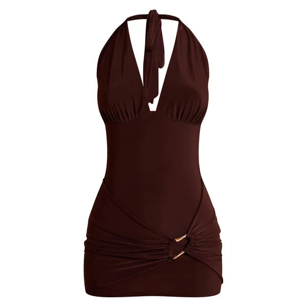 Chocolat Robe Mini Portefeuille À Décolleté Plongeant Avec Détails De Finitions