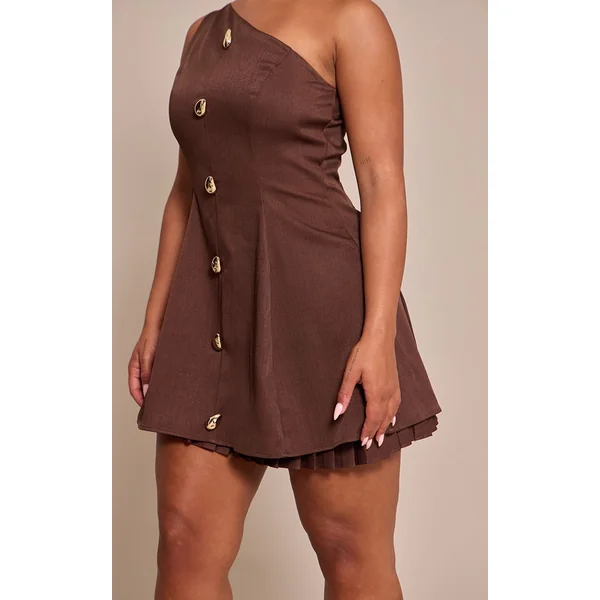 Chocolat Robe Mini Shape À Jupe Plissée Contrastante Et Épaule Dénudée