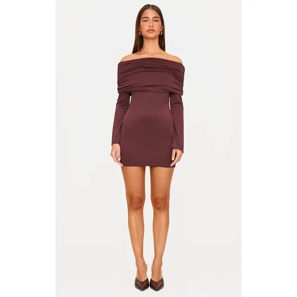 Chocolat Robe Mini À Manches Longues Bardot Plissé Double Couche Sculptante Mate