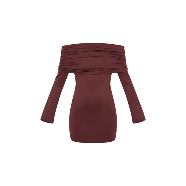 Chocolat Robe Mini À Manches Longues Bardot Plissé Double Couche Sculptante Mate