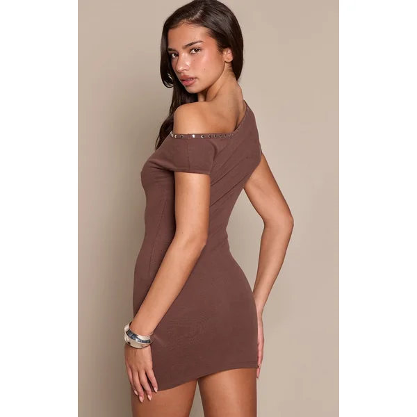 Chocolat Robe Mini Épaules Dénudées À Détails Cloutés Toucher Doux