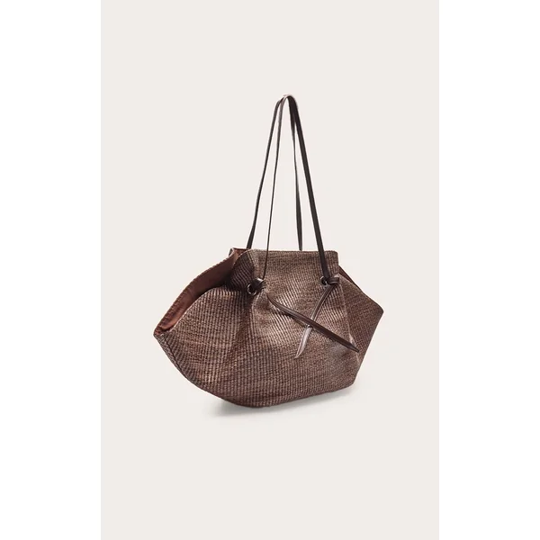 Chocolat Sac De Plage En Raphia Contrasté Avec Cordon De Serrage