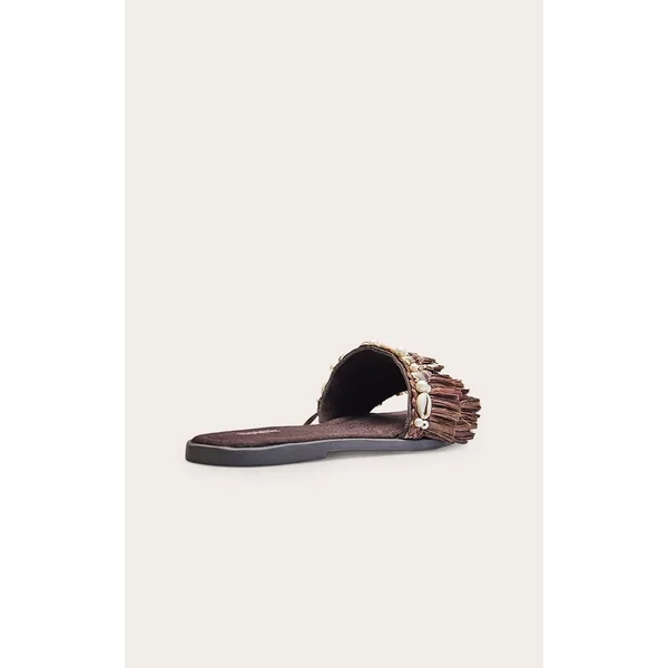 Chocolat Sandales Plates Mules En Raphia Ornées De Coquillages