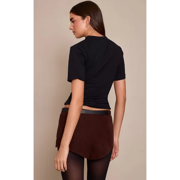 Chocolat Short Taille Haute Côtelé Tissé Brossé Avec Ceinture
