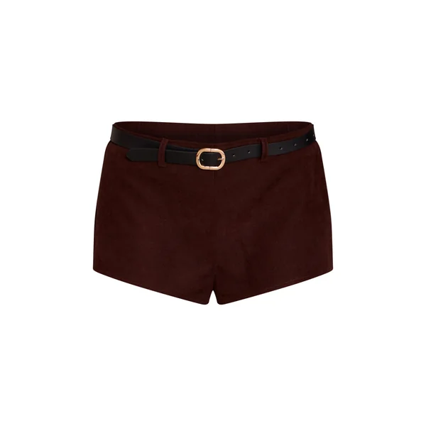 Chocolat Short Taille Haute Côtelé Tissé Brossé Avec Ceinture