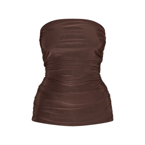 Chocolat Top Bandeau Long Froncé En Tissu Slinky Double Épaisseur
