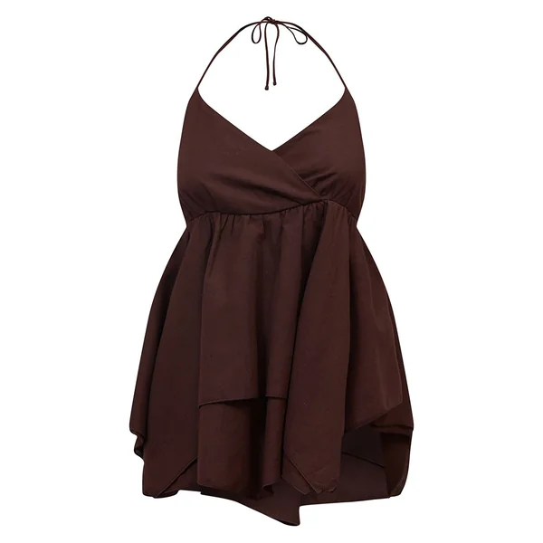 Chocolat Top Caraco À Volants En Mélange Coton Lin
