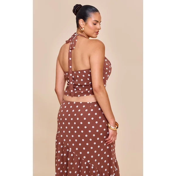 Chocolat Top En Mousseline À Pois Et Col Licou Grande Taille Coordonné