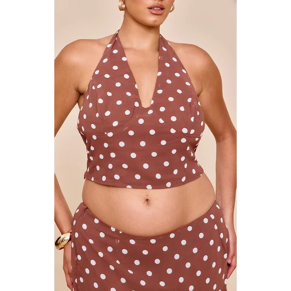 Chocolat Top En Mousseline À Pois Et Col Licou Grande Taille Coordonné