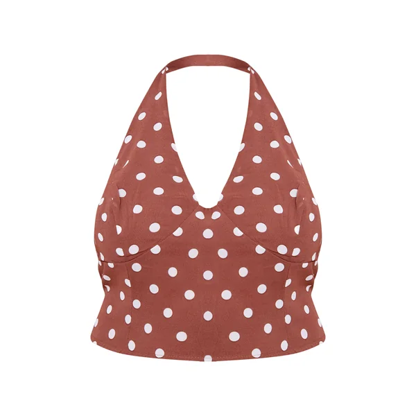 Chocolat Top En Mousseline À Pois Et Col Licou Grande Taille Coordonné