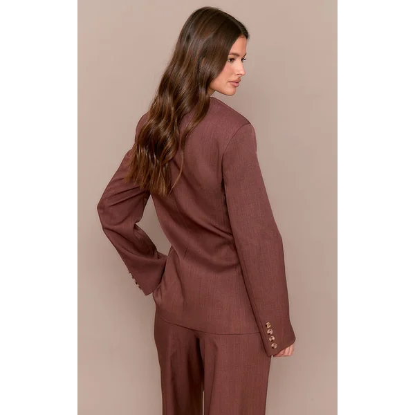 Châtaigne Blazer Ajusté Sans Col Boutonné En Tissu Premium