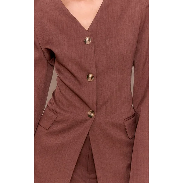 Châtaigne Blazer Ajusté Sans Col Boutonné En Tissu Premium