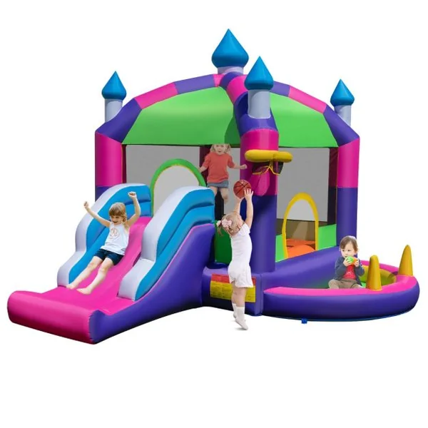 Château Gonflable 5 en 1 avec Toboggan et Toit Panier de Basket-ball Jeu de Lancer D'anneaux Piscine Kit de Réparation Multicolore (sans Souffleur)
