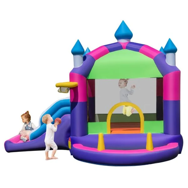 Château Gonflable 5 en 1 avec Toboggan et Toit Panier de Basket-ball Jeu de Lancer D'anneaux Piscine Kit de Réparation Multicolore (sans Souffleur)